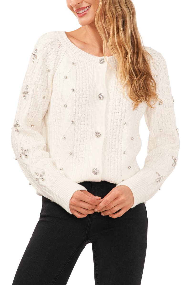 CeCe Embellished Cable Stitch Cardigan, Main, color, Antiq White