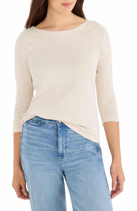 Boat Neck Three-Quarter Sleeve Cotton Blend Top