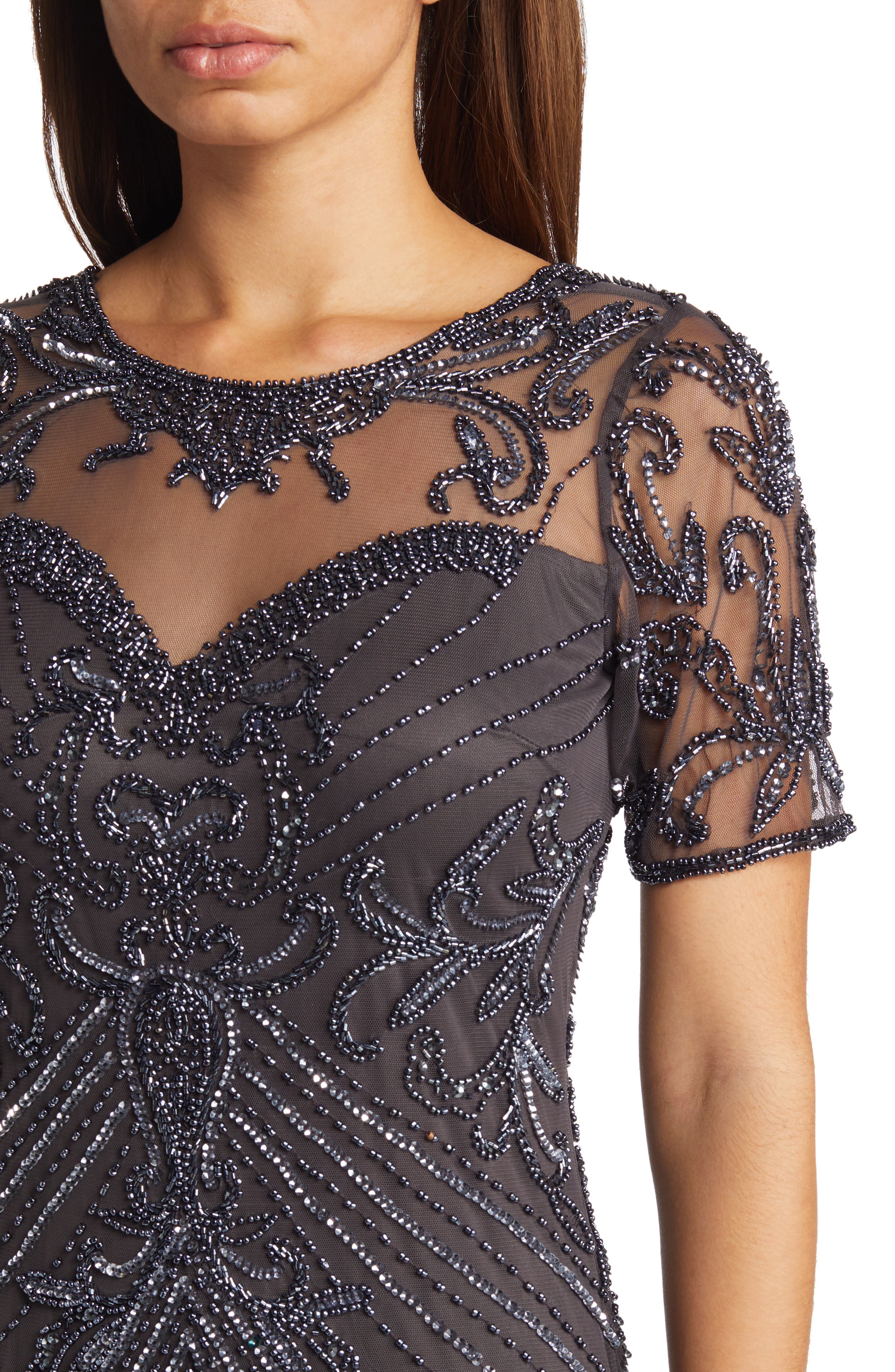 pisarro nights beaded illusion dress Pisarro Nights Plus Size Illusion Neckline Short Sleeve Mesh Beaded Long  Gown