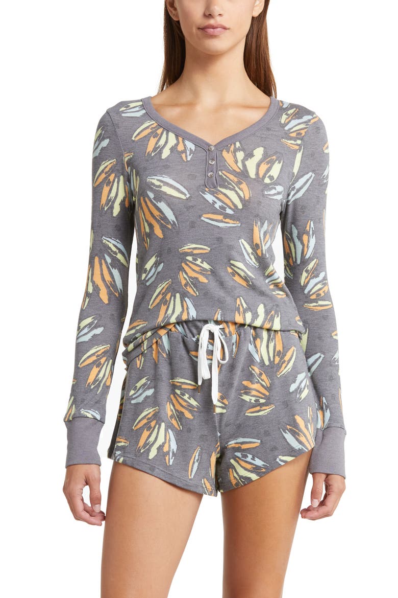 Knit Long Sleeve Short Pajamas, Main, color, CHARCOAL BANANAS