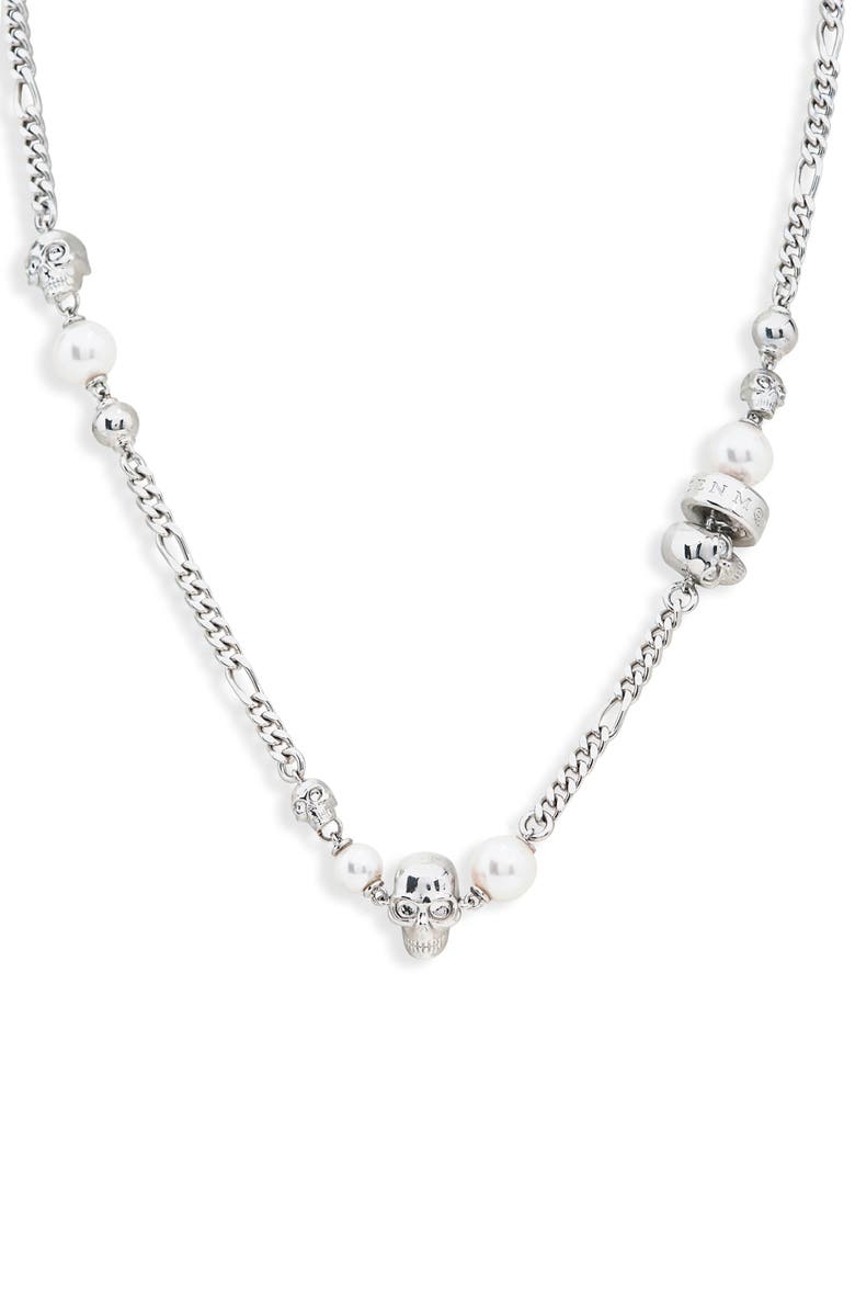McQueen Crystal Skull & Faux Pearl Necklace, Main, color, 926/ Pearl/ Cry
