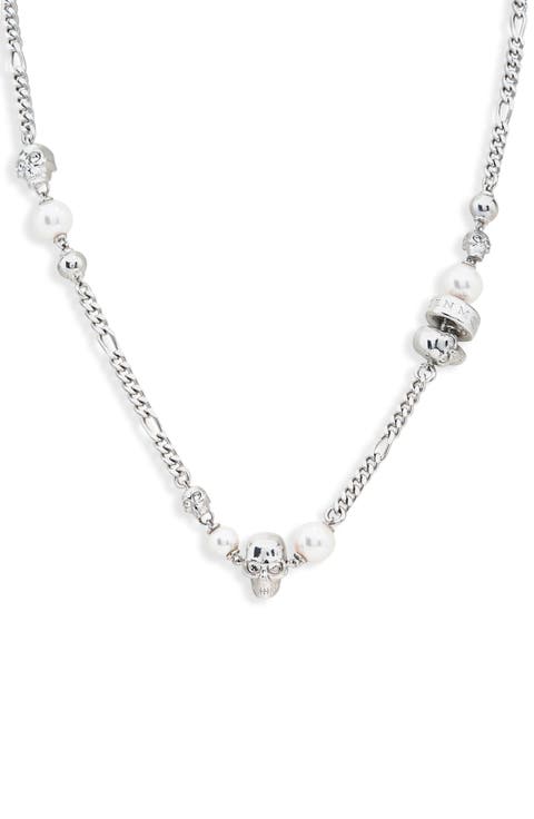 Crystal Skull & Faux Pearl Necklace