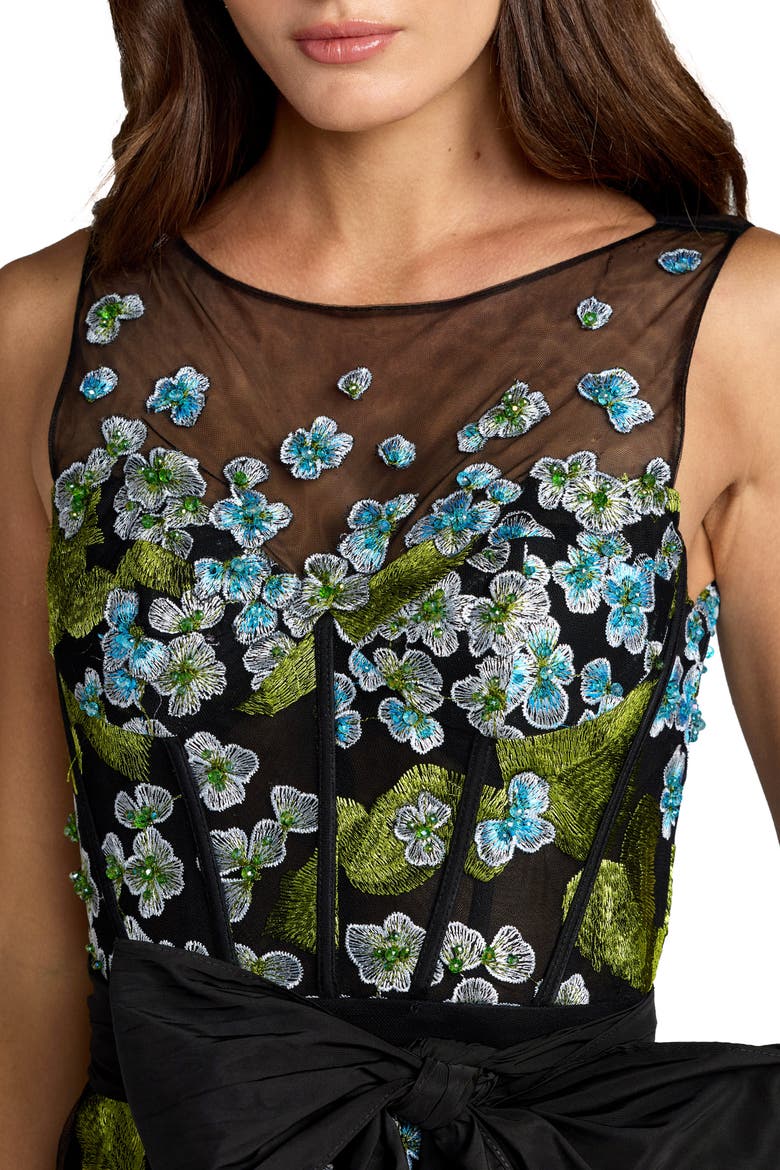 Sleeveless Mesh Applique Gown With Bow Belt, Alternate, color, Blue Multi