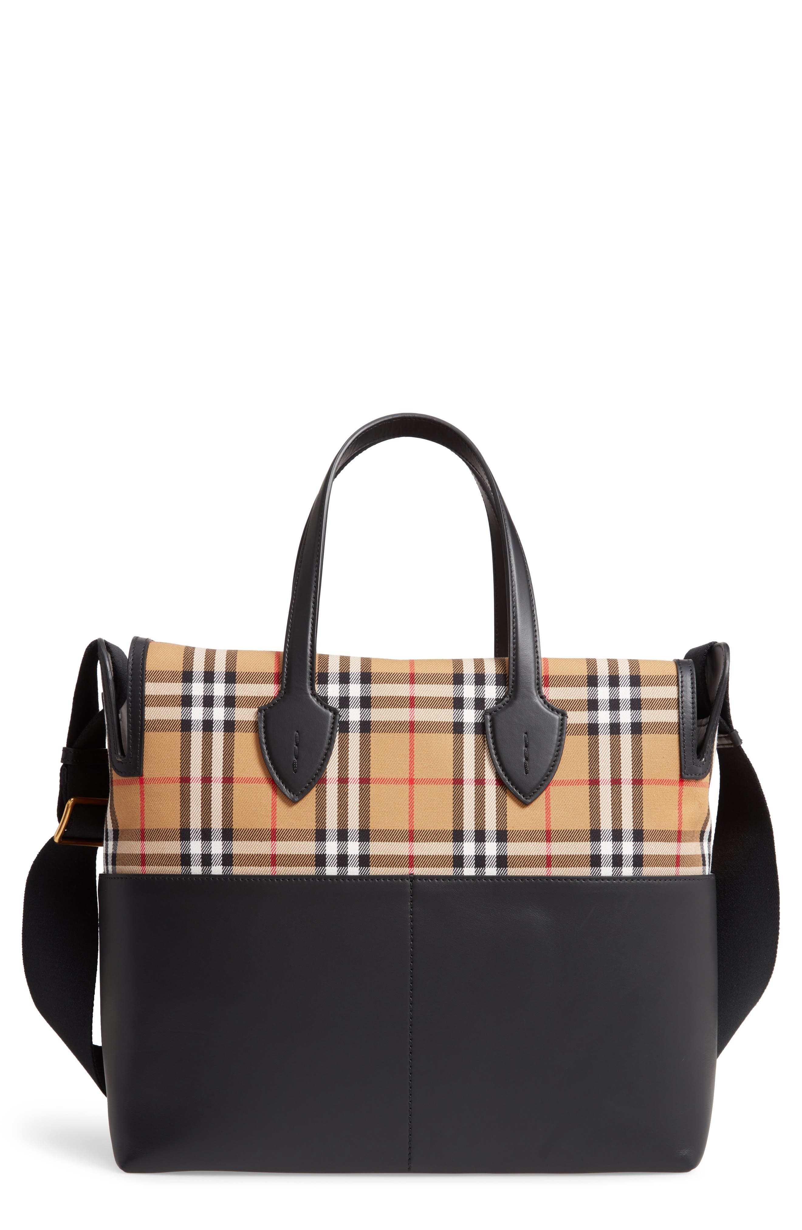 Burberry Kingswood Vintage Check & Leather Diaper Tote, Main, color, 