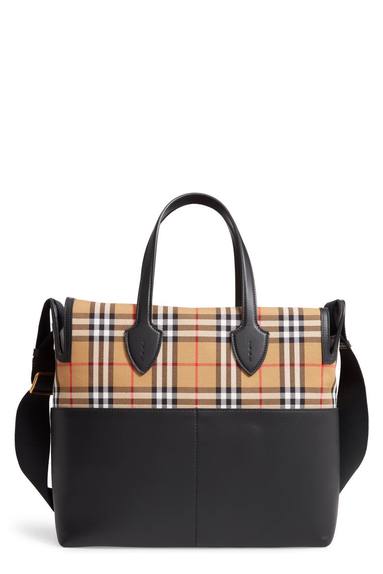 Kingswood Vintage Check & Leather Diaper Tote, Main, color, BLACK