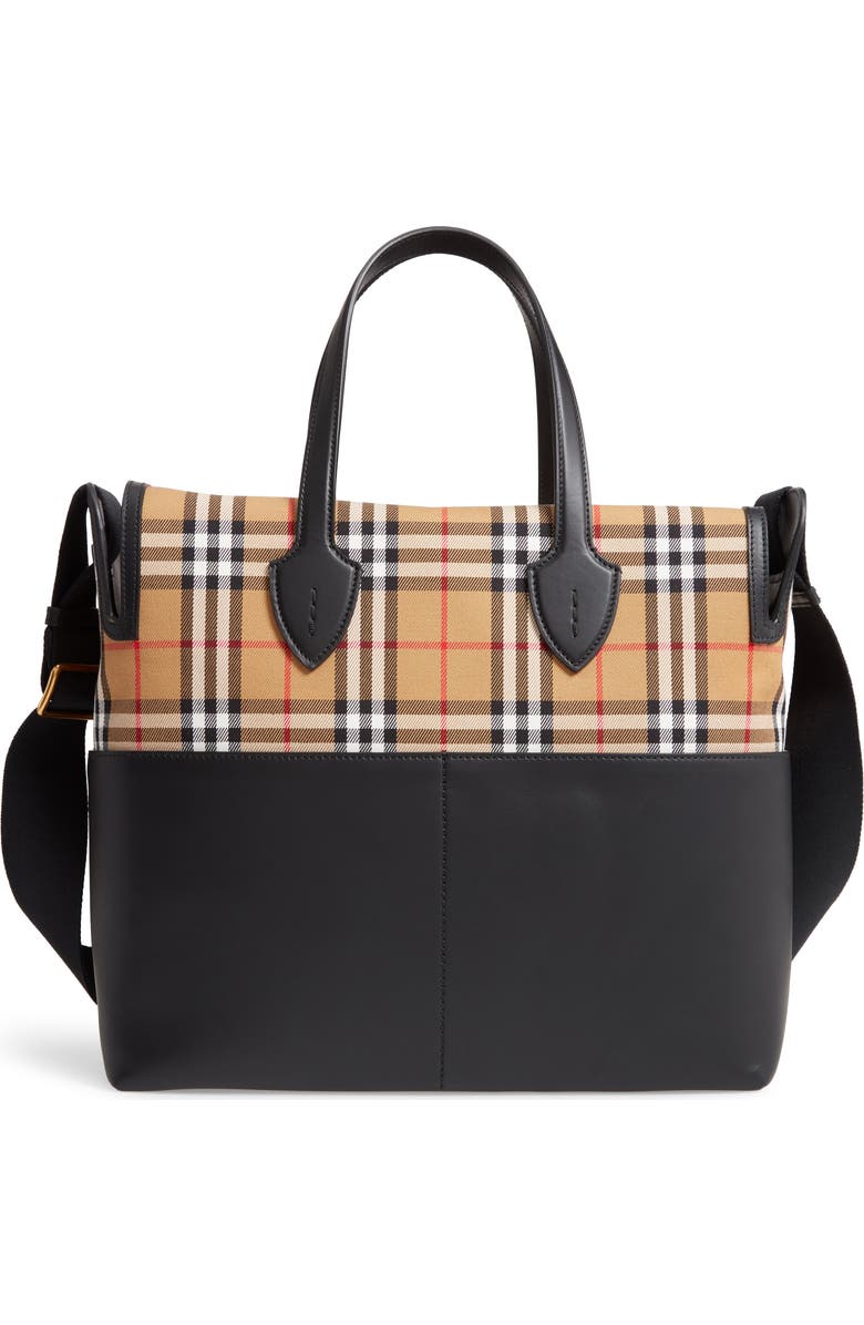 Burberry Kingswood Vintage Check & Leather Diaper Tote, Main, color,