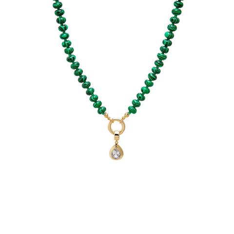 Colored Natural Stone Beaded /CZ Pear Bezel Charm Necklace