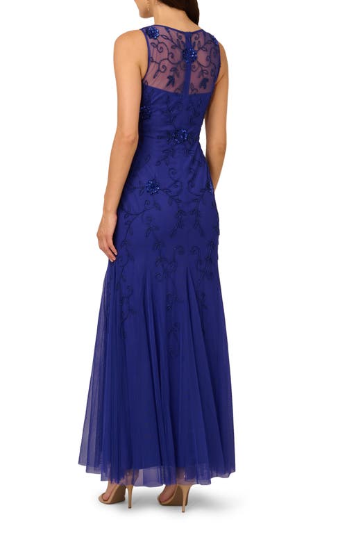 Adrianna Papell Placed Beaded Floral Mesh Mermaid Gown In Blue