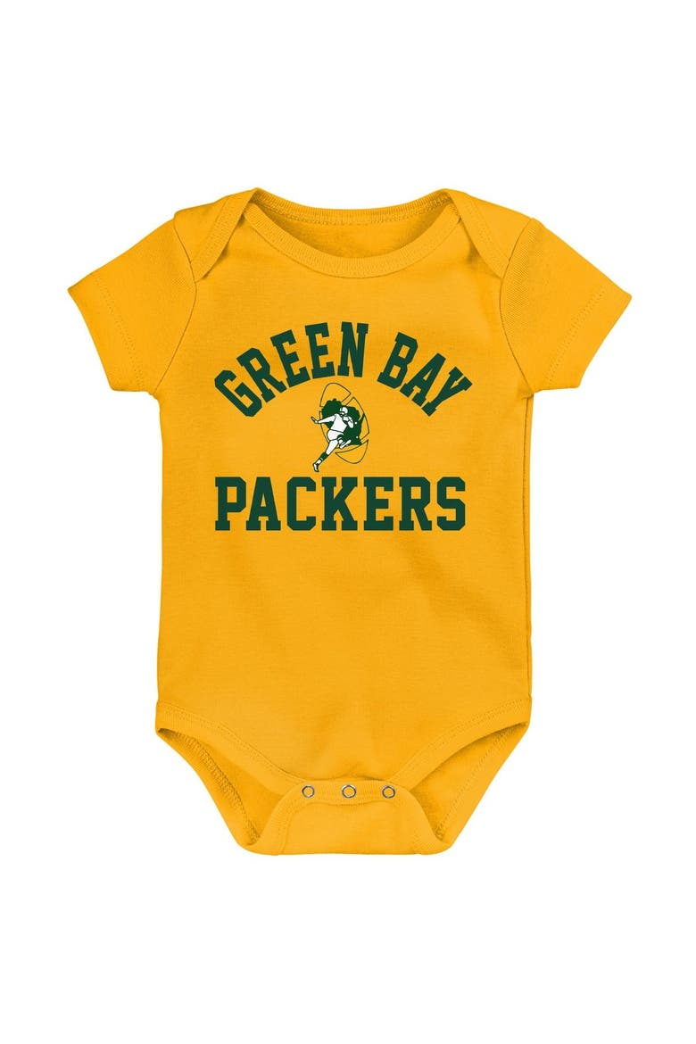 Newborn & Infant Green/Gold/Heather Gray Green Bay Packers Three-Pack Eat, Sleep & Drool Retro Bodysuit Set, Alternate, color, Green