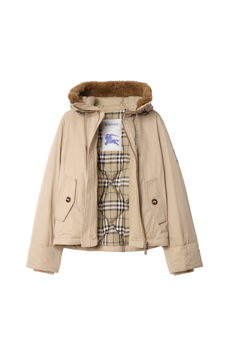 Burberry Shearling Trim Gabardine Hooded Jacket, Alternate, color, Hamper Beige