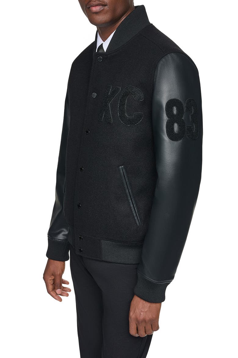 Faux Wool Varsity Bomber Jacket, Alternate, color, BLACK