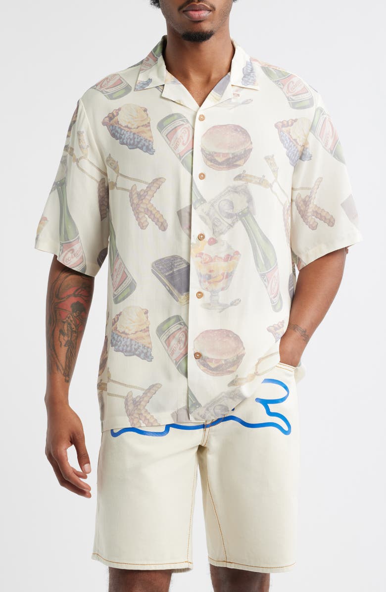 ICECREAM Lavish Snack Print Camp Shirt, Main, color, Whisper White