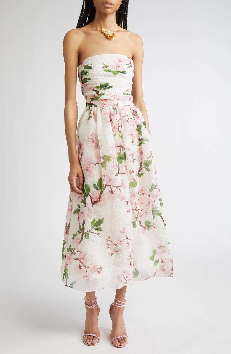 Oscar de la Renta Cherry Blossom Strapless Organdy Midi Dress, Main, color, Pink/ Ivory