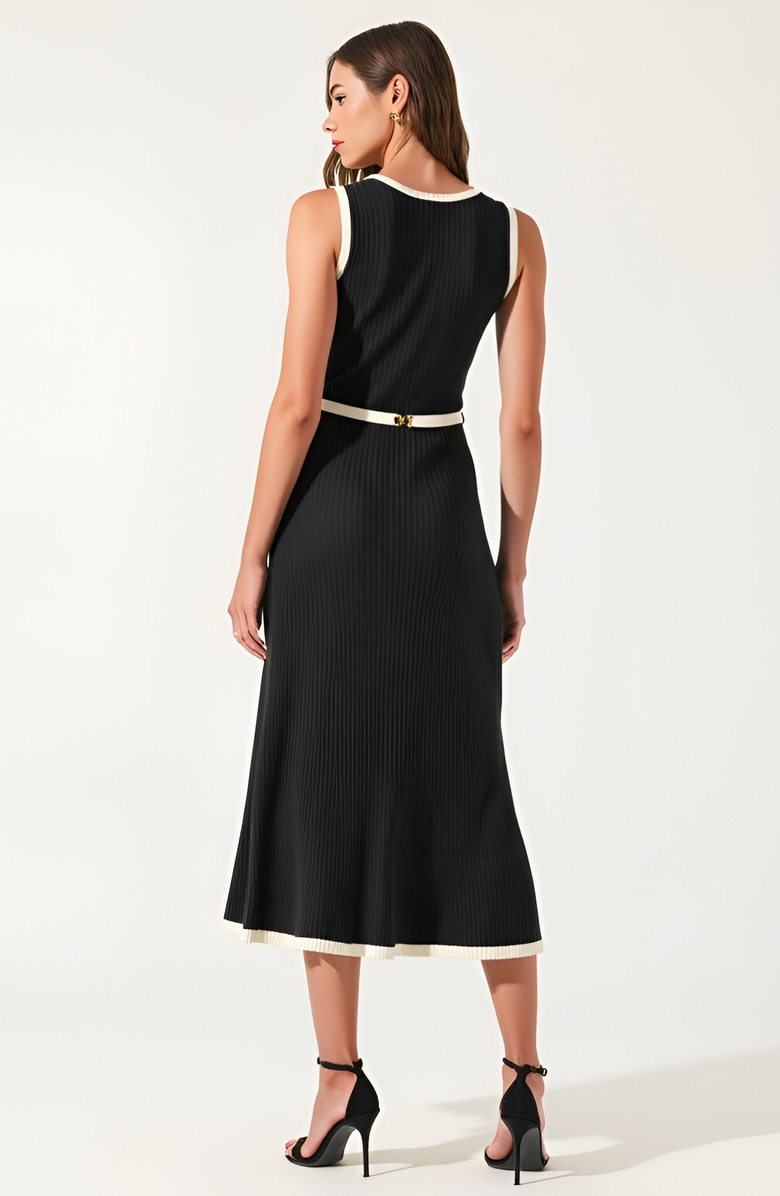 Modenaire Sleeveless Ribbed Midi Dress with Contrast Trim and Waist Belt Detail, Alternate, color, 
