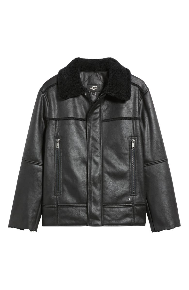 UGG<sup>®</sup> Thayden Luxefluff Faux Leather Jacket with Faux Shearling Collar, Alternate, color, Black