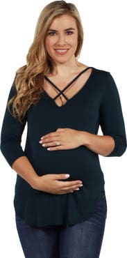 24seven Comfort Apparel Criss Cross Round Hemline Maternity Tunic Top