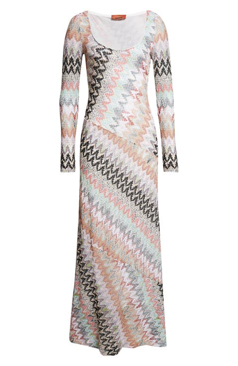Metallic Zigzag Long Sleeve Raschel Knit Dress
