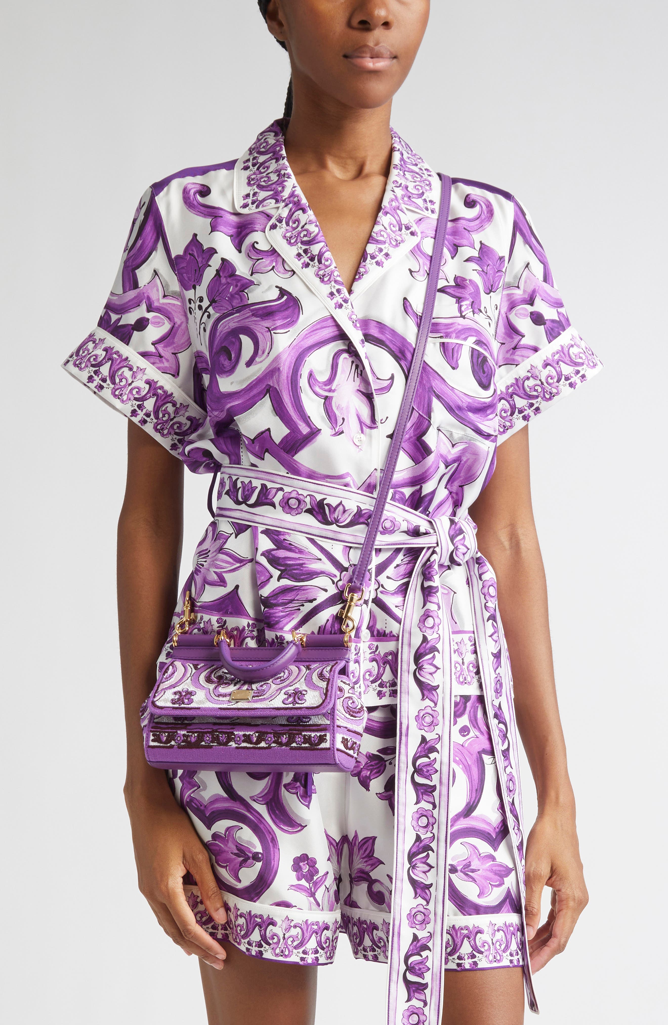 Dolce&Gabbana Small Sicily Majolica Embroidered Canvas Satchel, Alternate, color, I03tn Maiolica 3 Viola