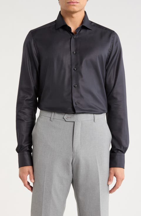 Modern Fit Solid Black Cotton Twill Dress Shirt
