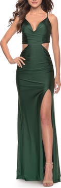 La Femme Prom Dress with Side Cutouts and Open Tie Back