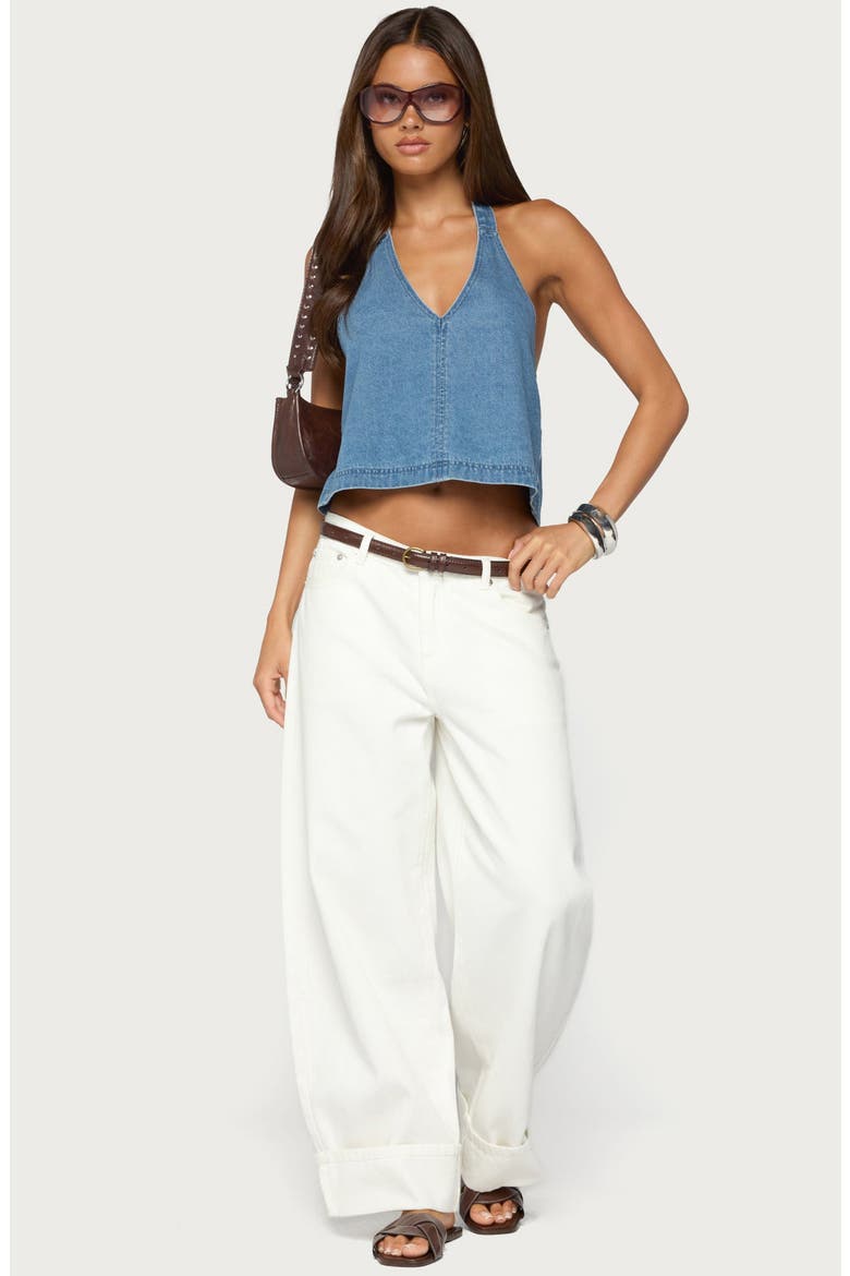 Teddie Backless Denim Halter Top, Alternate, color, BLUE-WASHED