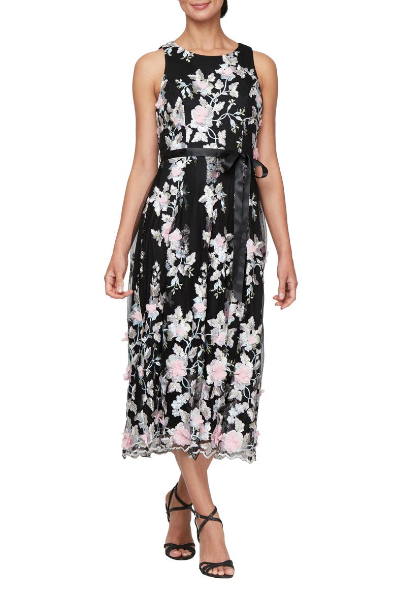 Embroidered Sleeveless Midi Dress, Main, color, BLACK MULTI