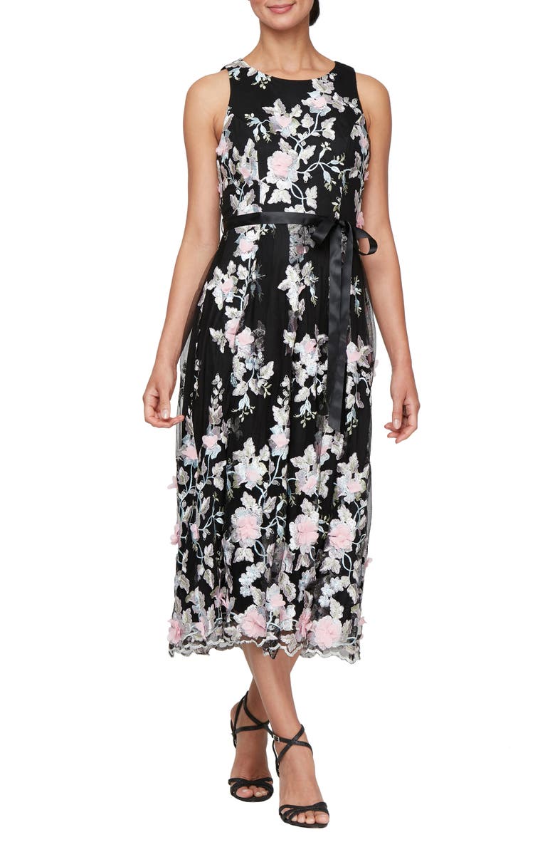 Alex Evenings Embroidered Sleeveless Midi Dress, Main, color, Black Multi