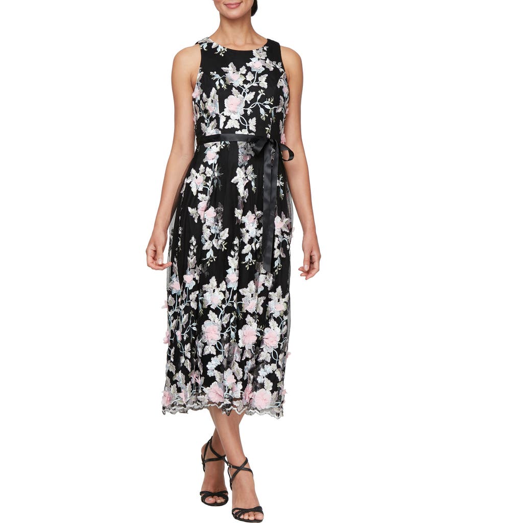 Alex Evenings Womens Mesh Mid Calf Cocktail And Party Dress In Black Multi