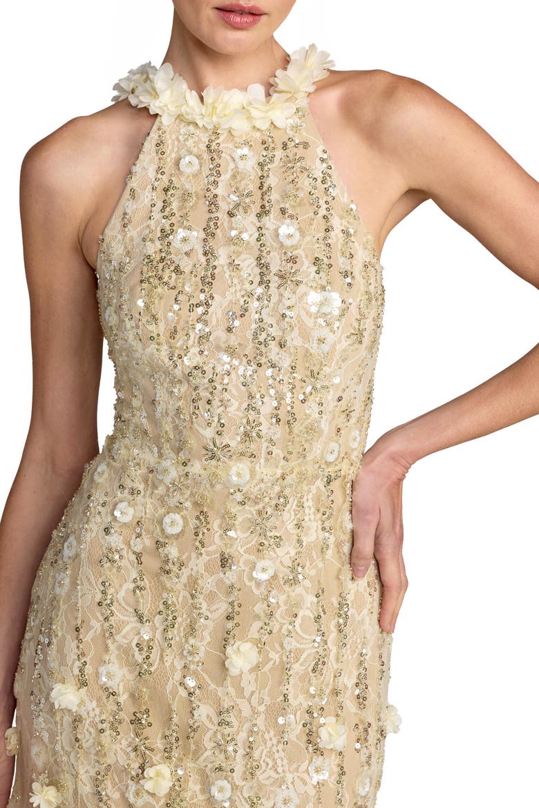 Beaded Lace Halter Neck Sleeveless Mermaid Gown, Alternate, color, Butter