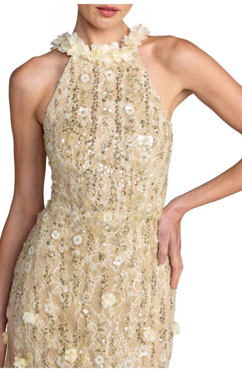 Mac Duggal Beaded Lace Halter Neck Sleeveless Mermaid Gown, Alternate, color, Butter