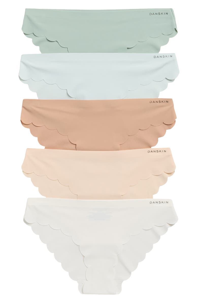Danskin 5-Pack Laser Cut Scallop Edge Bikini Briefs, Main, color, Deep Tan/ Salt Rock/ White