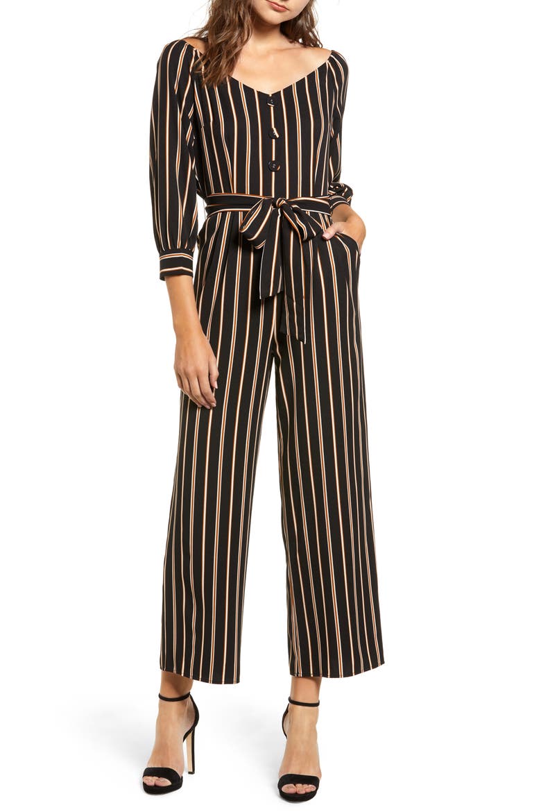 Chriselle Lim Jane Stripe Portrait Jumpsuit (Nordstrom Exclusive), Main, color, BLACK GOLD STRIPE