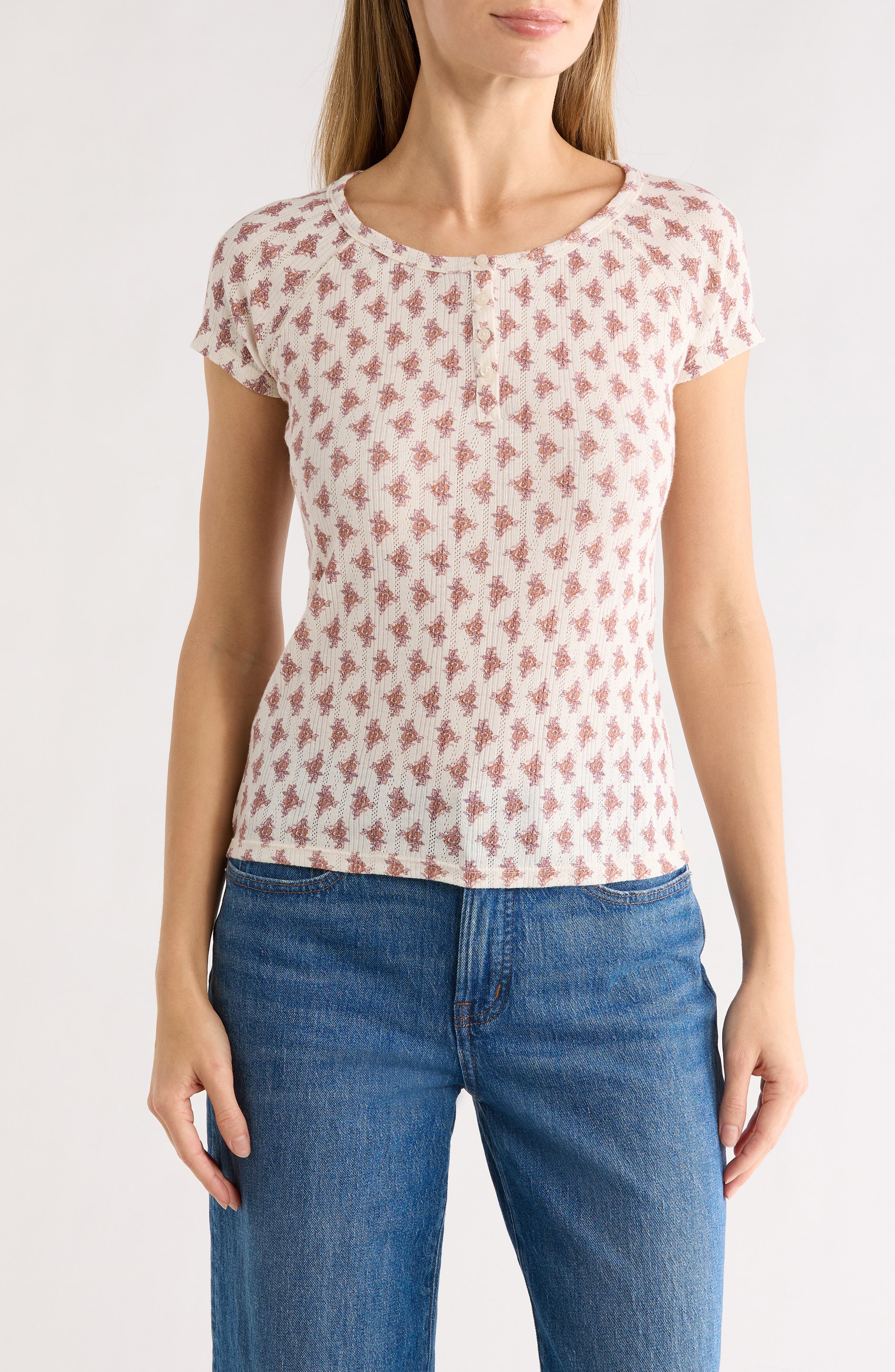 Pointelle Cap Sleeve Cotton Blend Henley - image 5