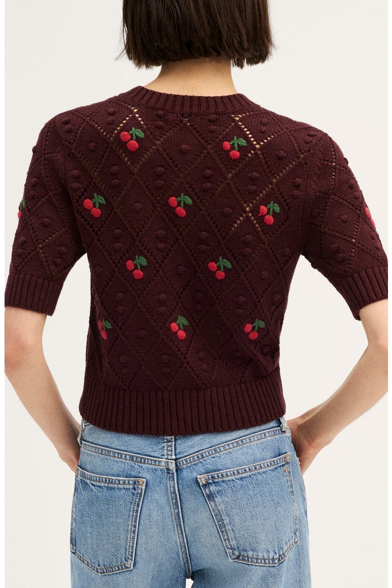 Embroidered Bauble Cotton Pointelle Stitch Cardigan, Alternate, color, SMOKED CLARET CHERRY