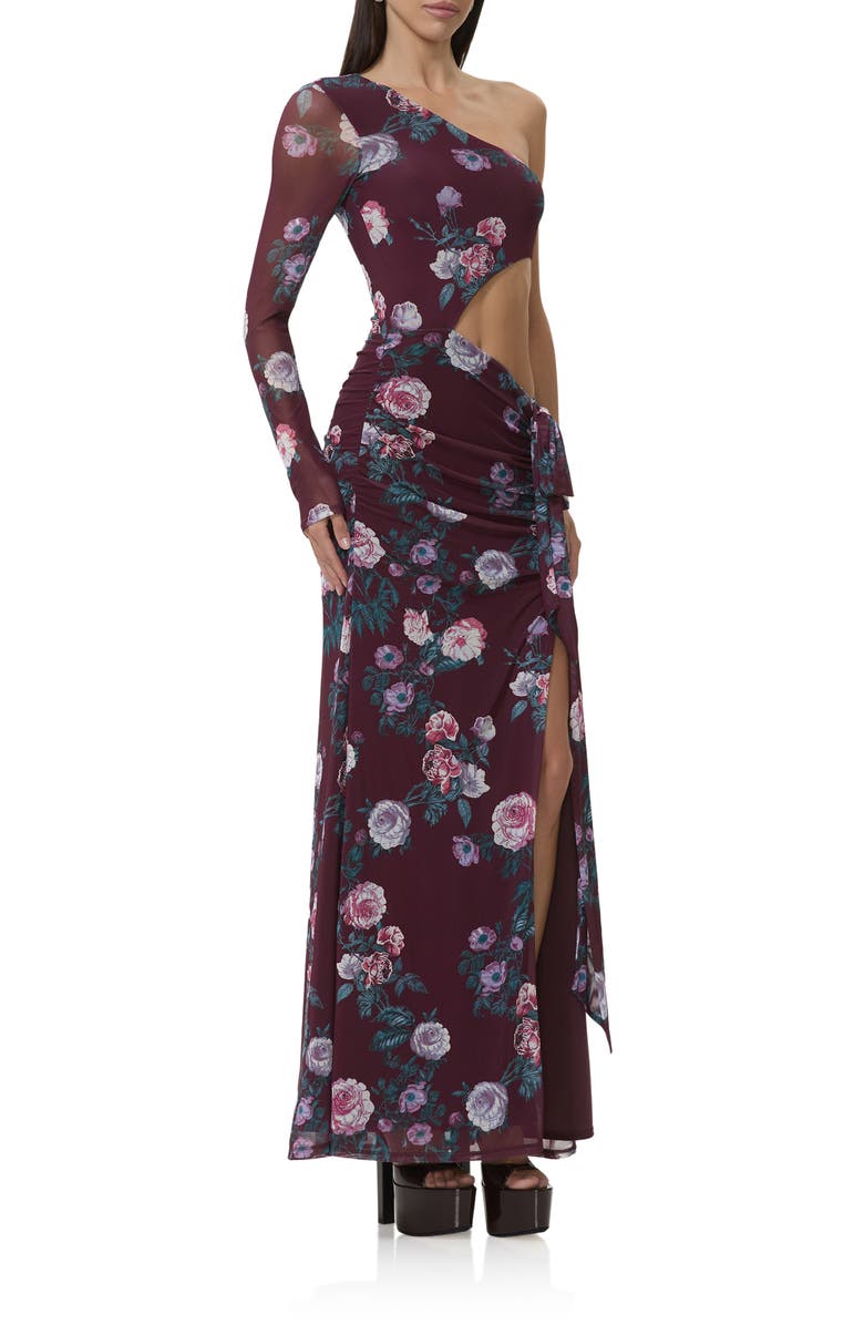 AFRM Shai Cutout One-Shoulder Maxi Dress, Alternate, color, Cabernet Bouquet