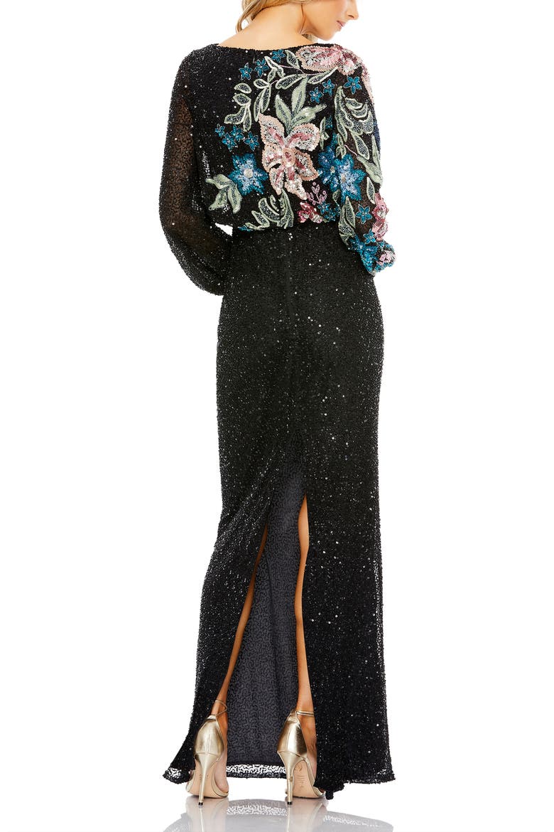 Embellished Multi Color Floral High Neck Gown, Alternate, color, Midnight