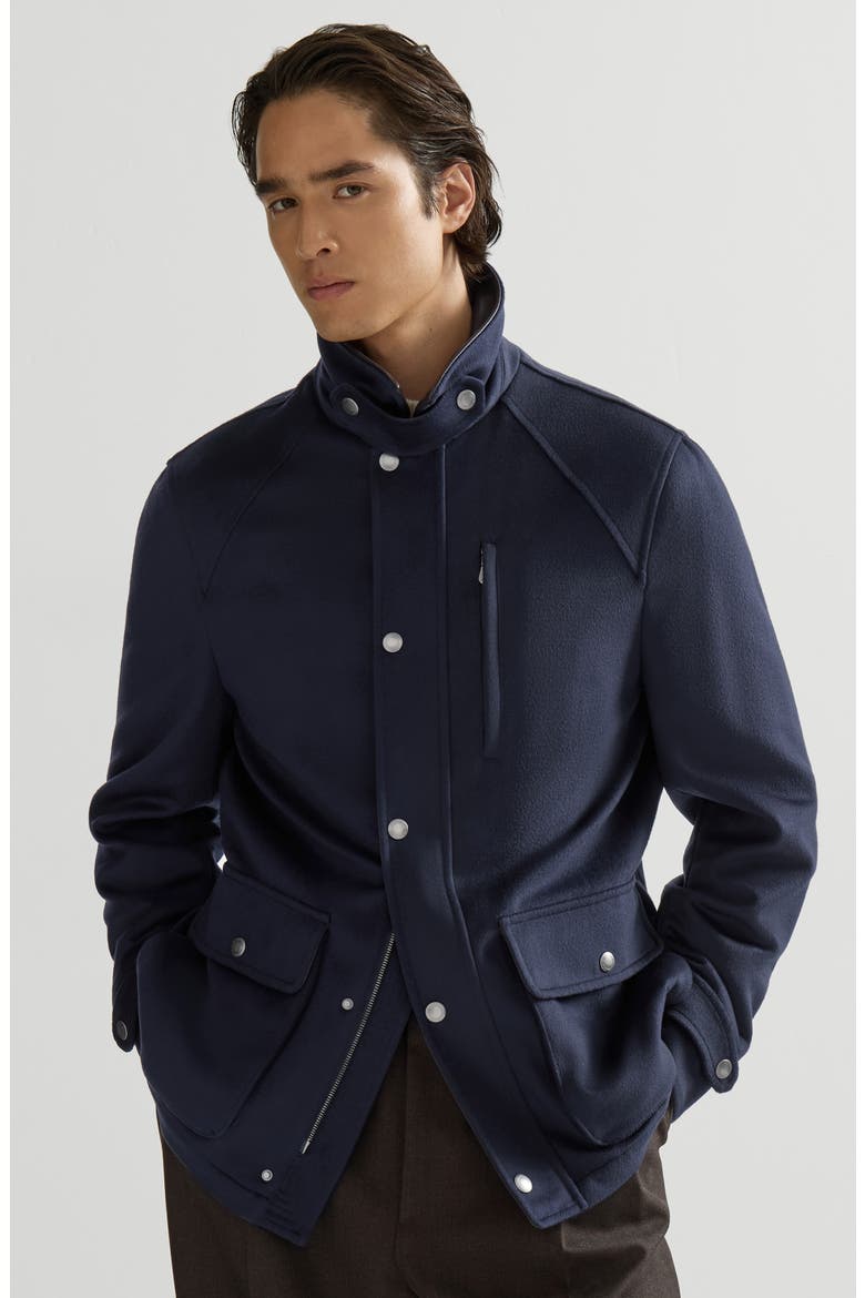 Virgin wool cloth field jacket with nappa leather inserts, Alternate, color, Blue