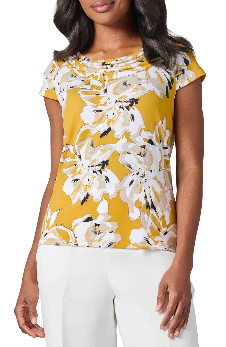 KASPER Printed Cap Sleeve Cowl Neck Jersey Top, Main, color, Butterscotch Multi