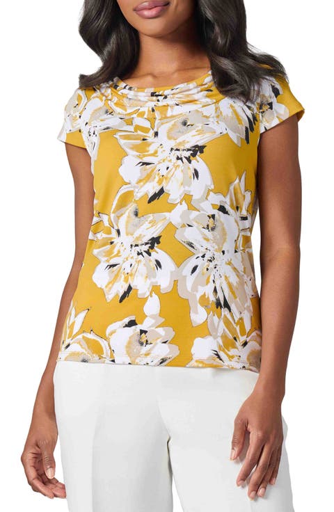 Printed Cap Sleeve Cowl Neck Jersey Top