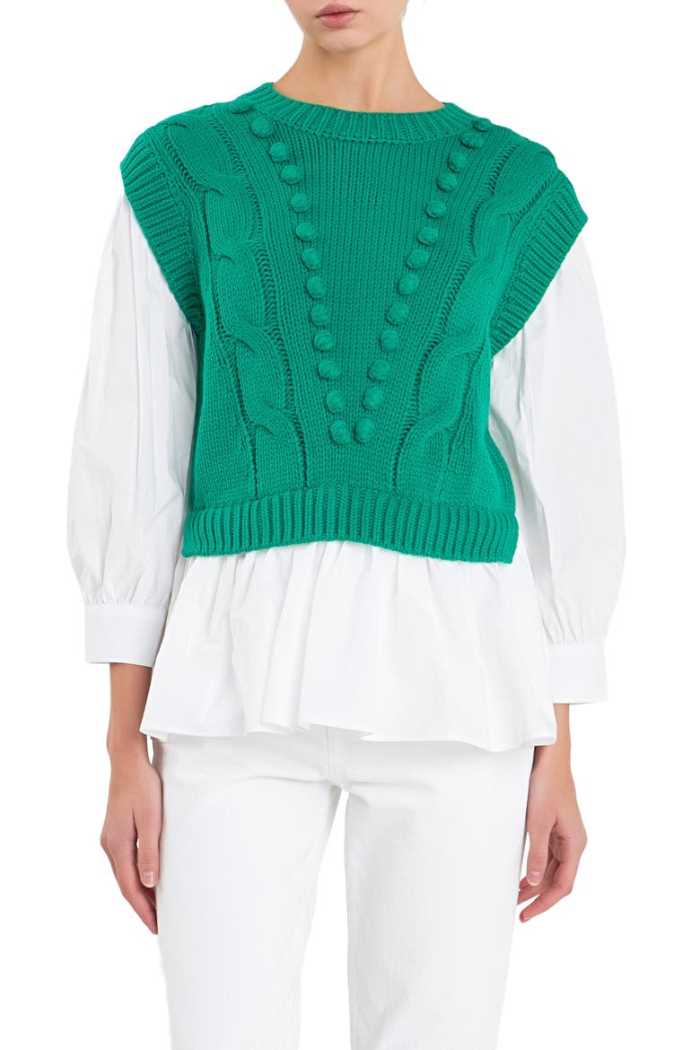 Mixed Media Cable Stitch Sweater, Main, color, GREEN/ WHITE