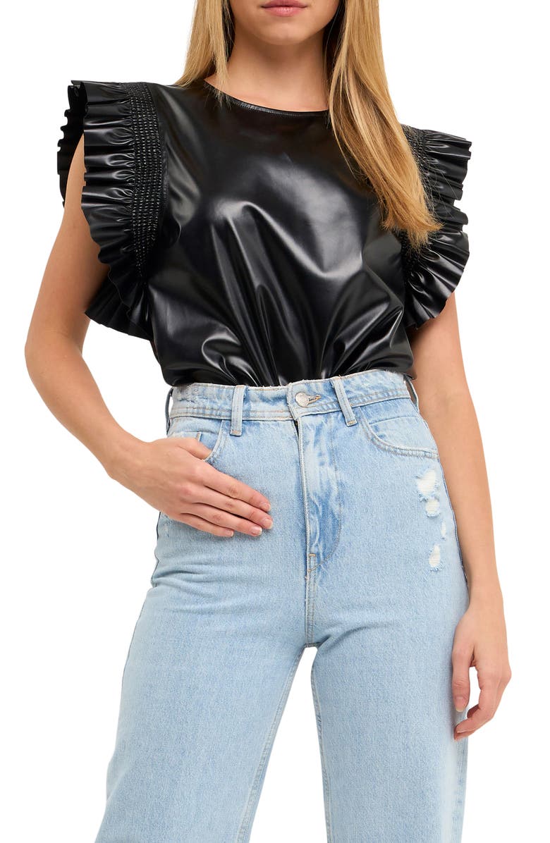 English Factory Faux Leather Top, Main, color, Black