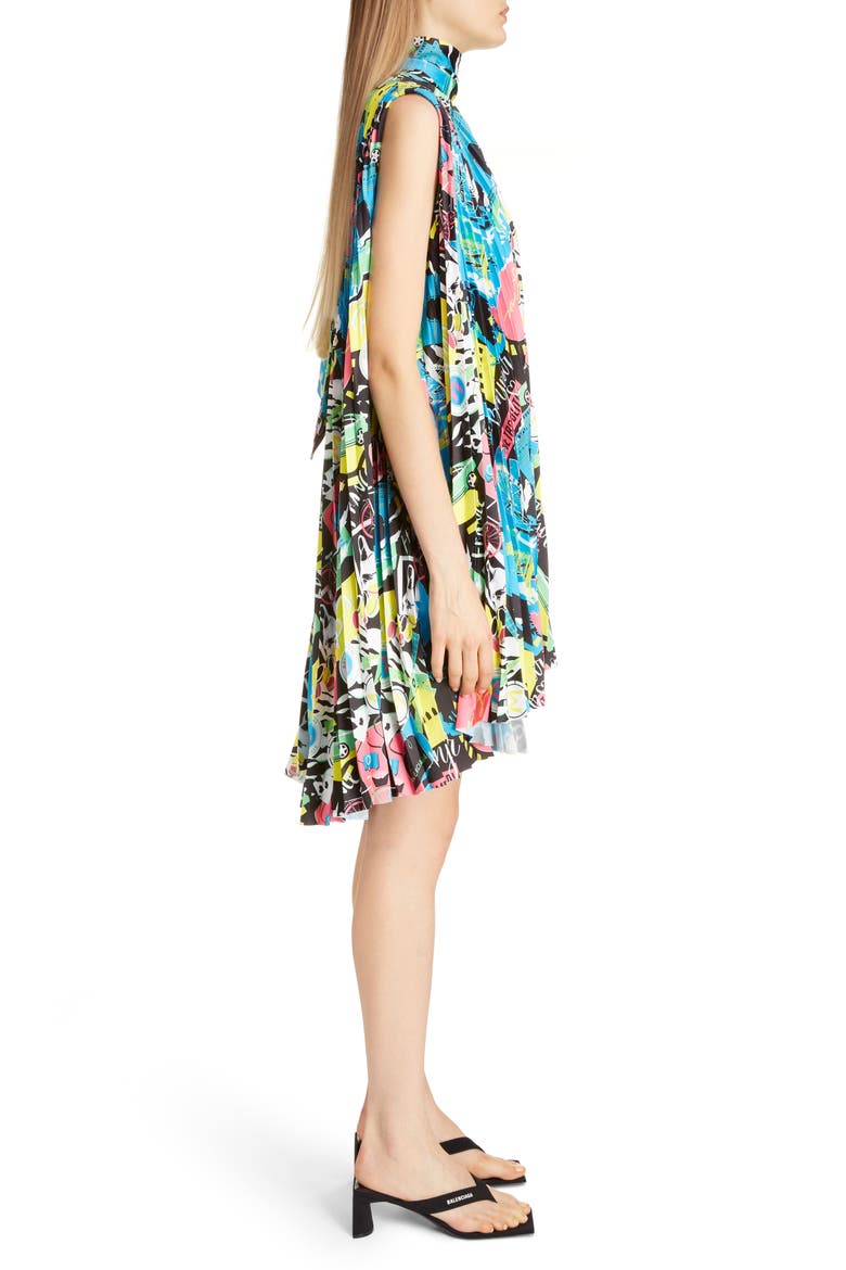 Paris Pleat High/Low Shift Dress, Alternate, color, BLACK/ PINK/ BLUE