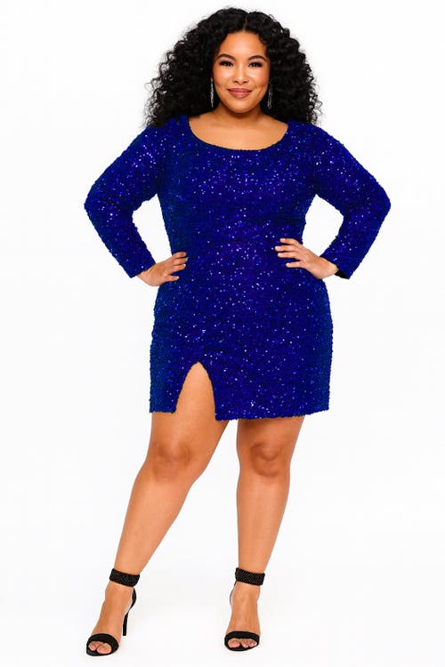 Sydney's Closet Plus Size Long Sleeve Sequin Cocktail Dress In Blue