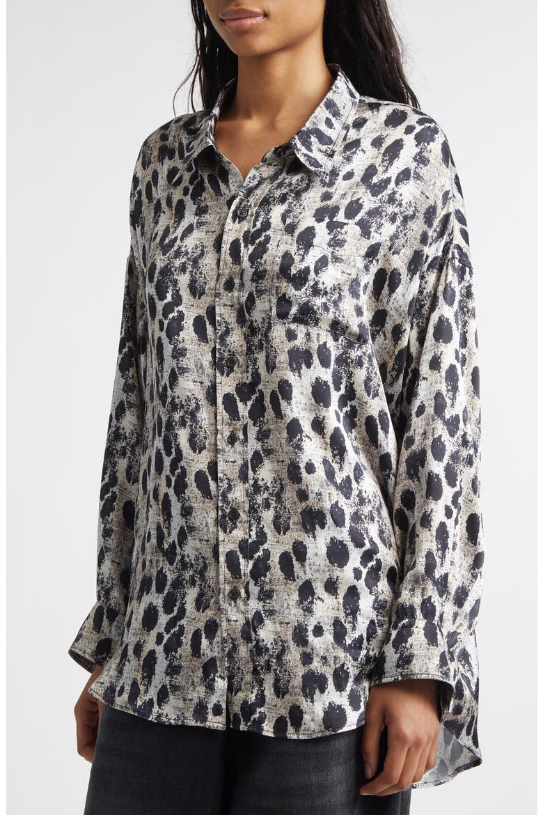 Leopard Print Drop Neck Silk Button-Up Shirt, Alternate, color, BLACK SILVER LEOPARD