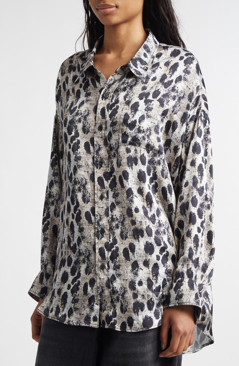 R13 Leopard Print Drop Neck Silk Button-Up Shirt, Alternate, color, Black Silver Leopard