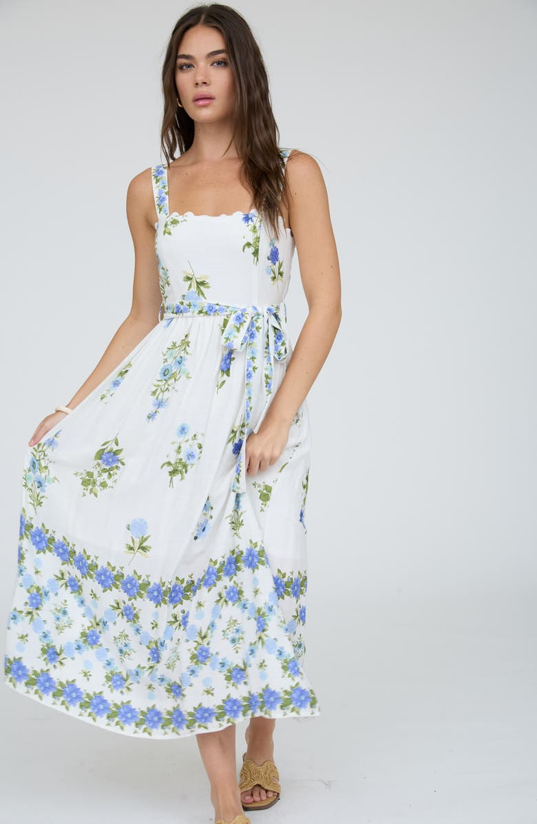 Blu Pepper Belted Floral Scallop Edge Midi Dress, Alternate, color, Blue Multi