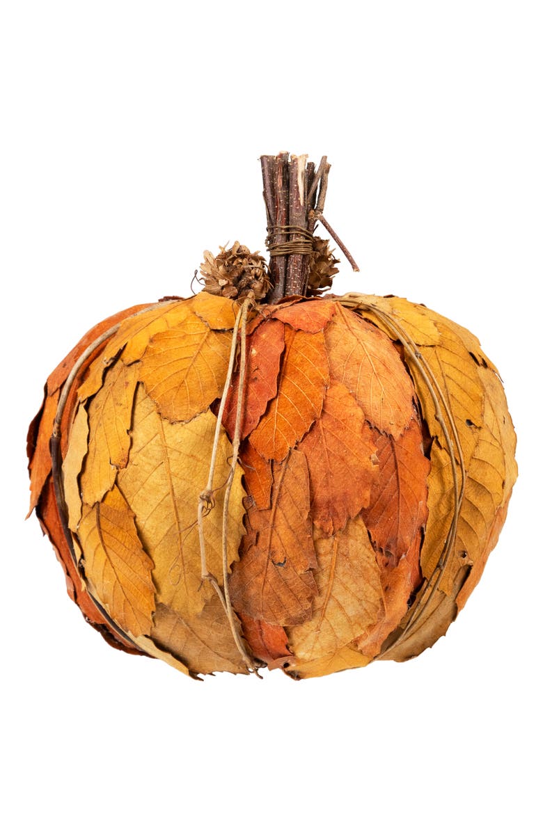 Northlight Layered Leaves and Twigs Fall Harvest Pumpkin with Pinecones - 7.5" - Orange, Alternate, color, Orange