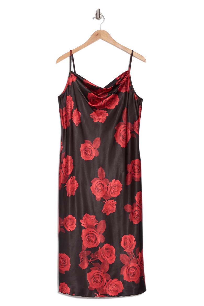 Printed Satin Bias Midi Dress, Alternate, color, BLACK ROSE