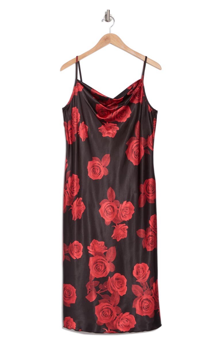 bebe Printed Satin Bias Midi Dress, Alternate, color, Black Rose
