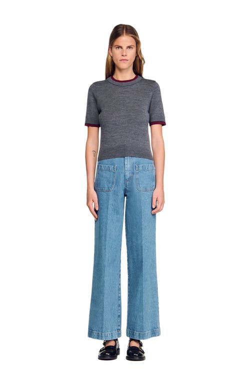 Sandro Two Tone Cropped Short Sleeve Sweater In Gray